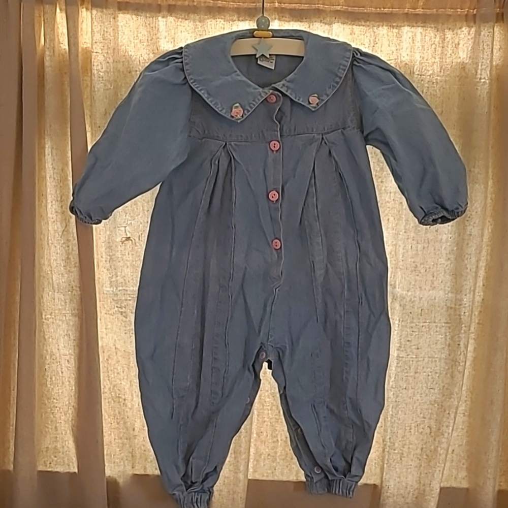 Vintage Baby Gitano faded denim button up romper with rosettes, pink buttons